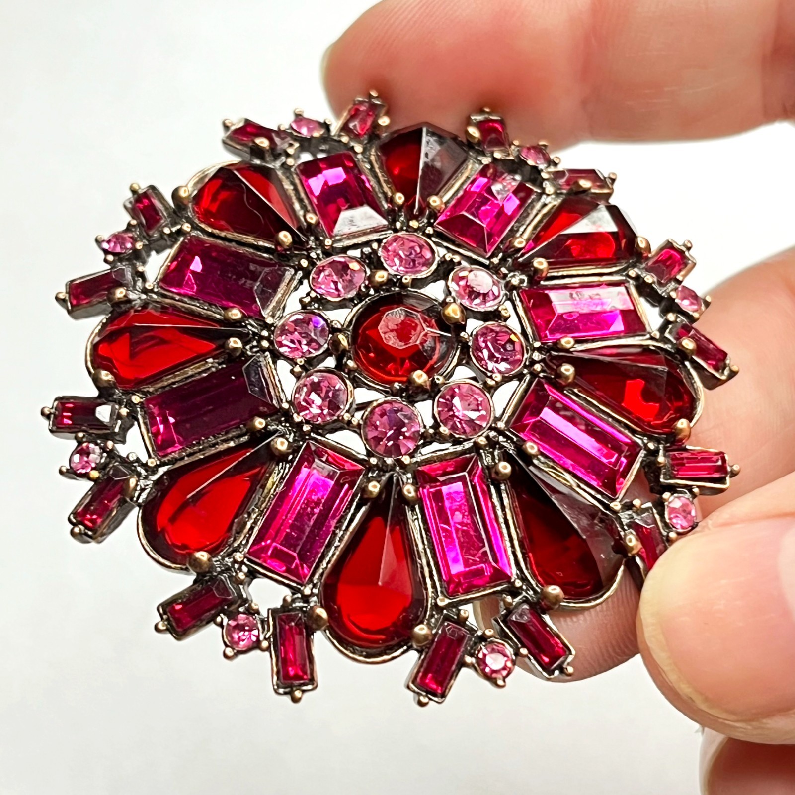 VTG Large Flower Snowflake Brooch Pin Red Fuchsia Pink Purple Glass Rhinestones