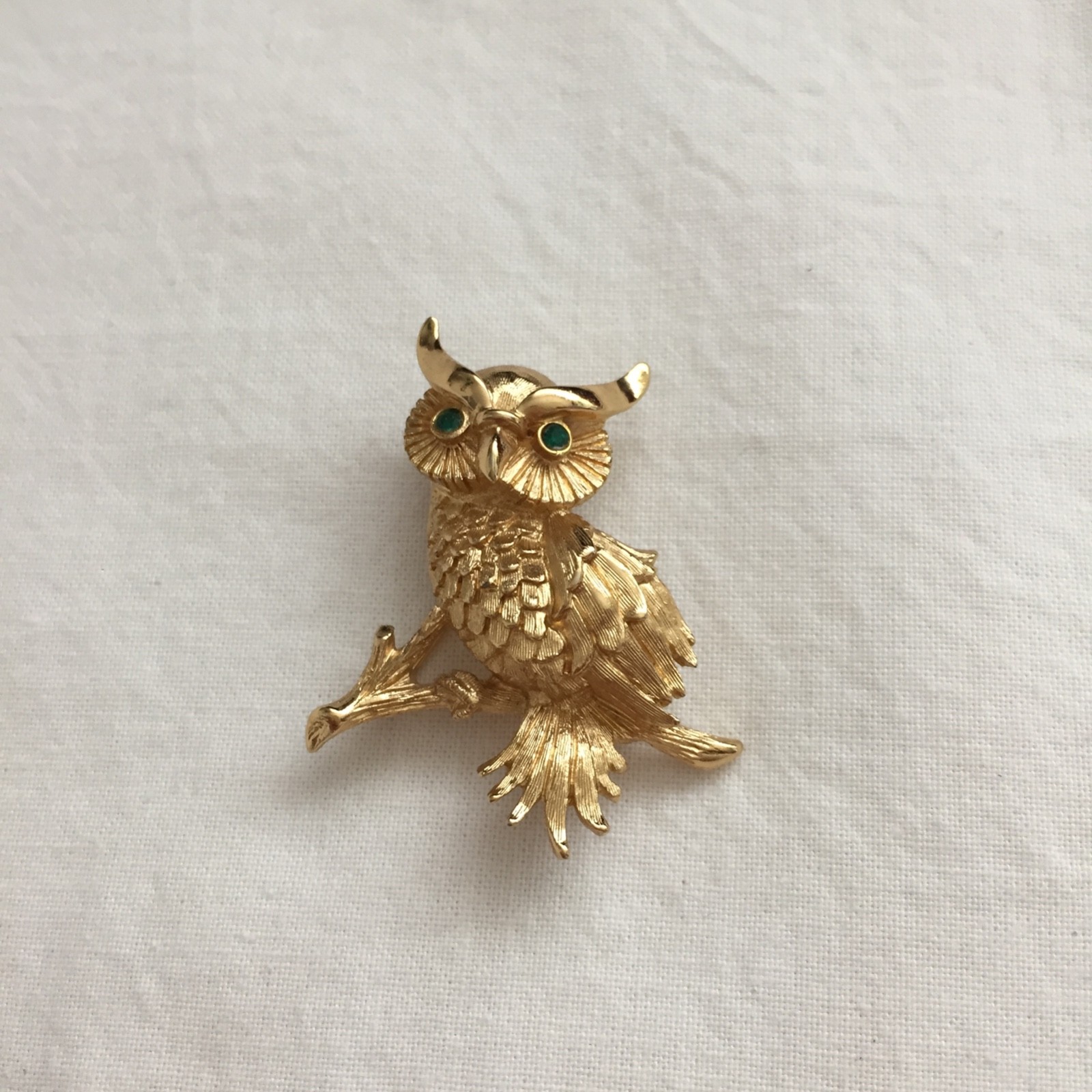 VTG Horned Owl Brooch- Gold with Green Eyes, Rhinestone Monet Bird, Sweater Pin