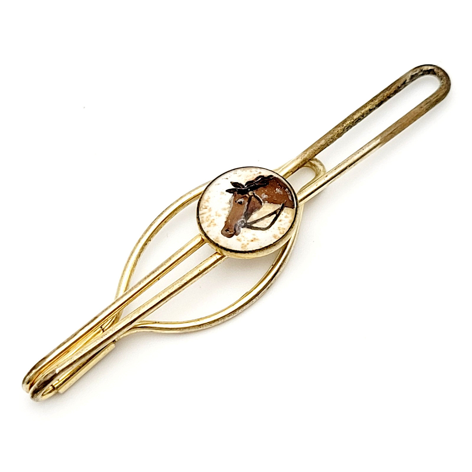 Horse Equestrian Western Reverse Painted Cameo Gold Tone Tie Clasp Bar Clip Worn