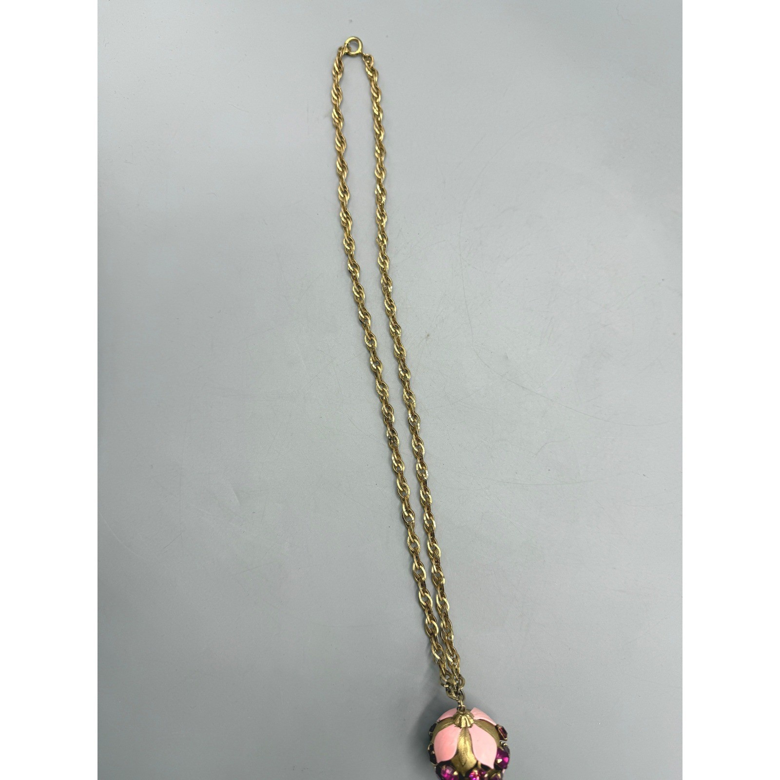 Vintage Gold Tone Orb Pendant Necklace Pink Enamel Rhinestone Tassel 28 Inch