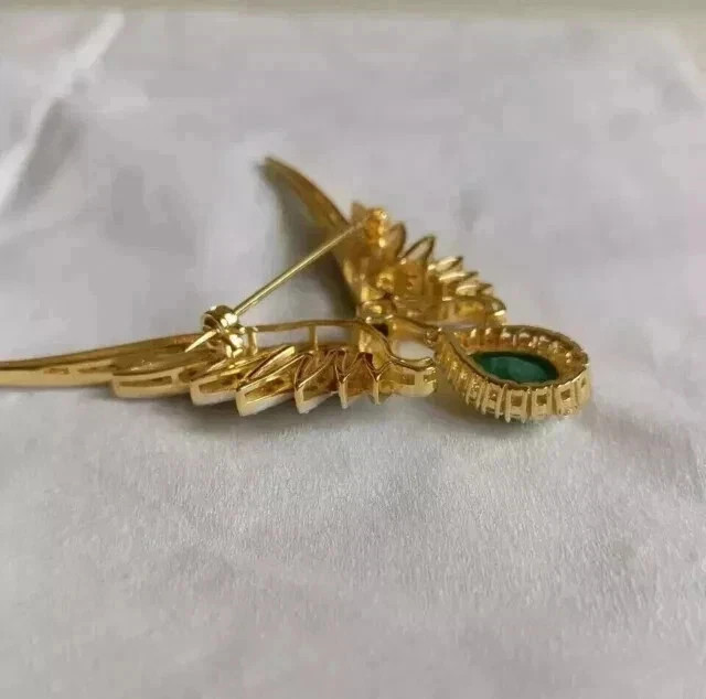 4Ct Pear Cut Lab Created Emerald Diamond Wedding Brooch 14K Yellow Gold Plated