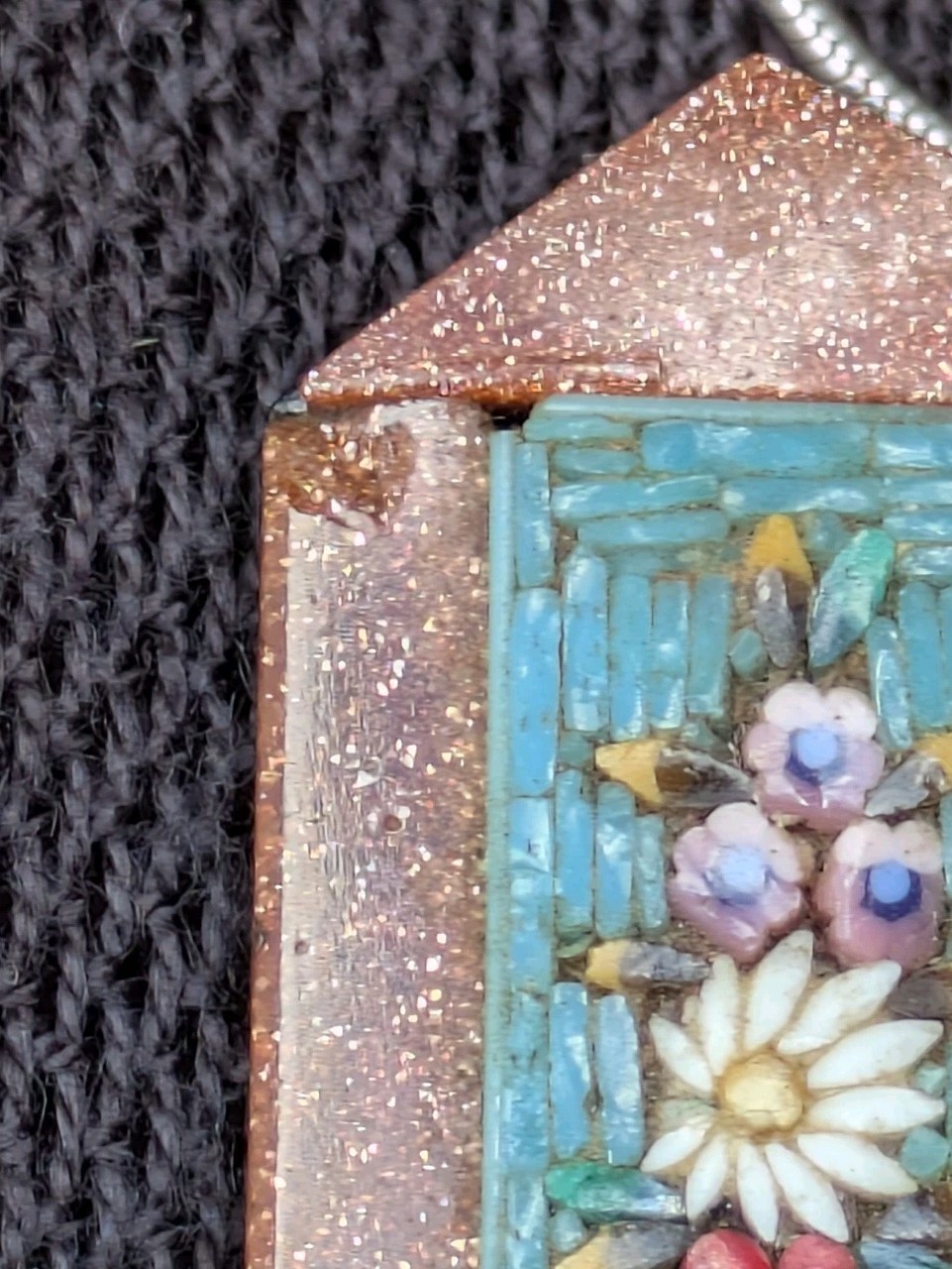 Antique Micro Mosaic Converted Pendant 16.5″ 925 Ster Silver Necklace AS IS D79