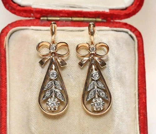 Vintage Lab-Created Diamond Floral & Leaf Inspire Wedding Gold Finish Earrings