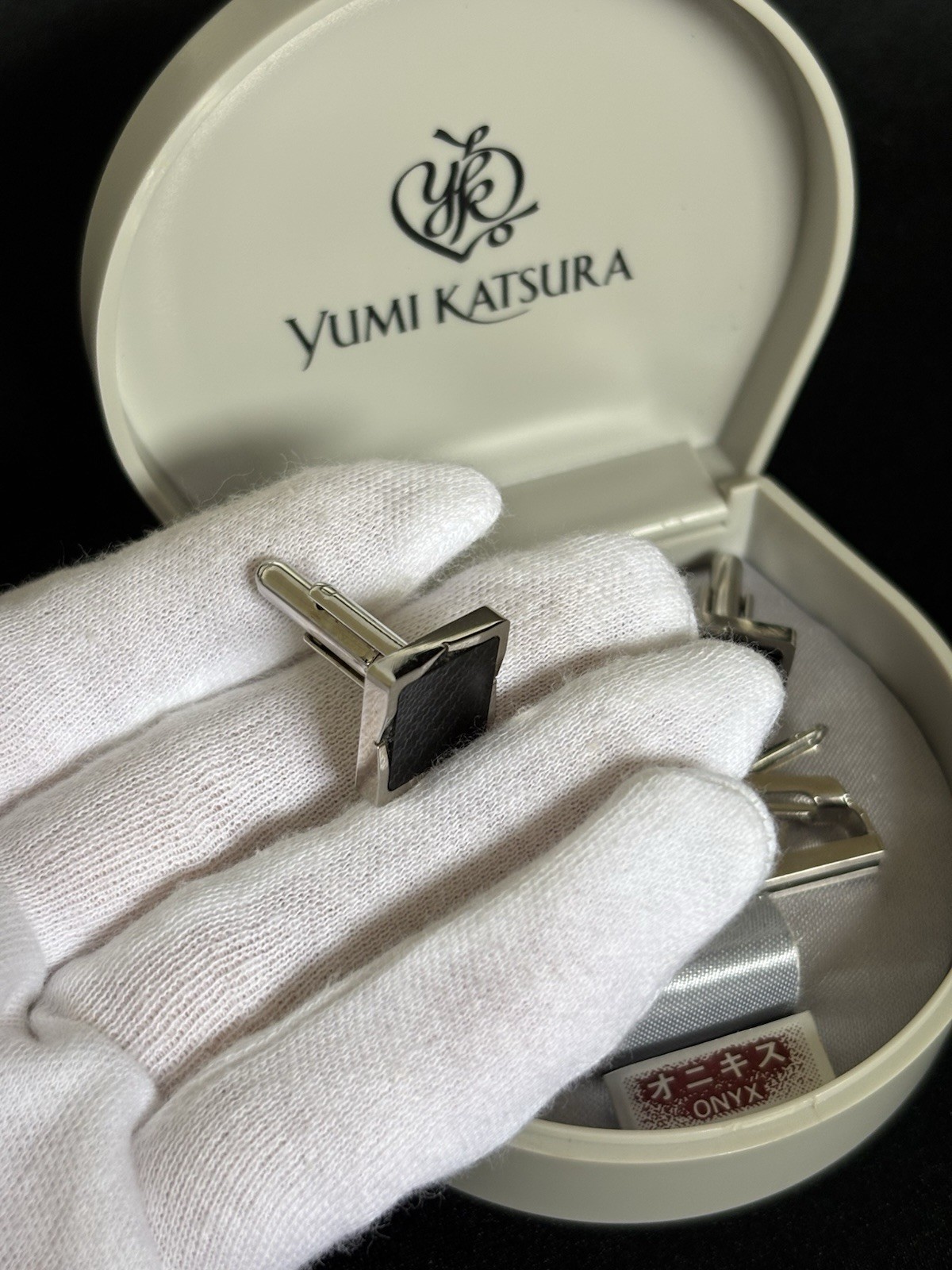 Vintage Yumi Katsura Black Onyx Cufflinks & Tie Clip Set w/ Original Case Japan