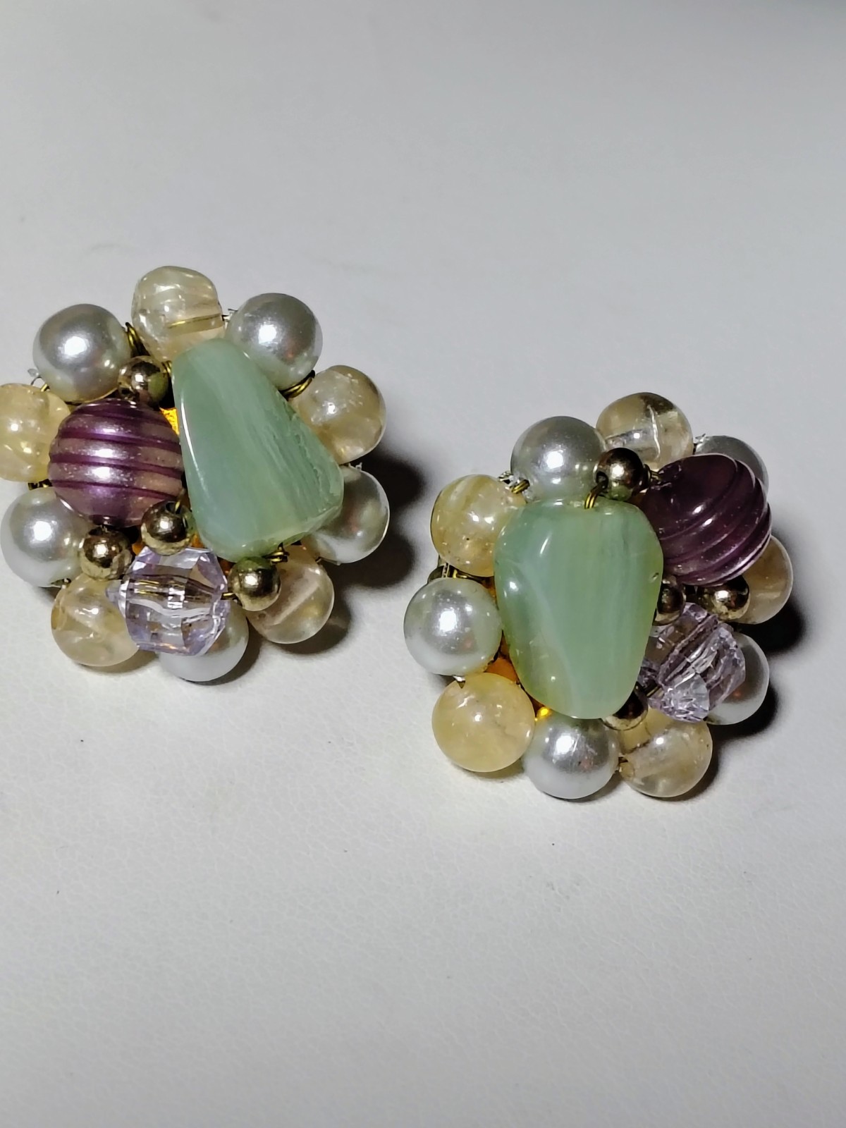 S401 Vtg Set Japan Multi Strand Beaded Necklace Clip Earrings Glass Faux Pearl