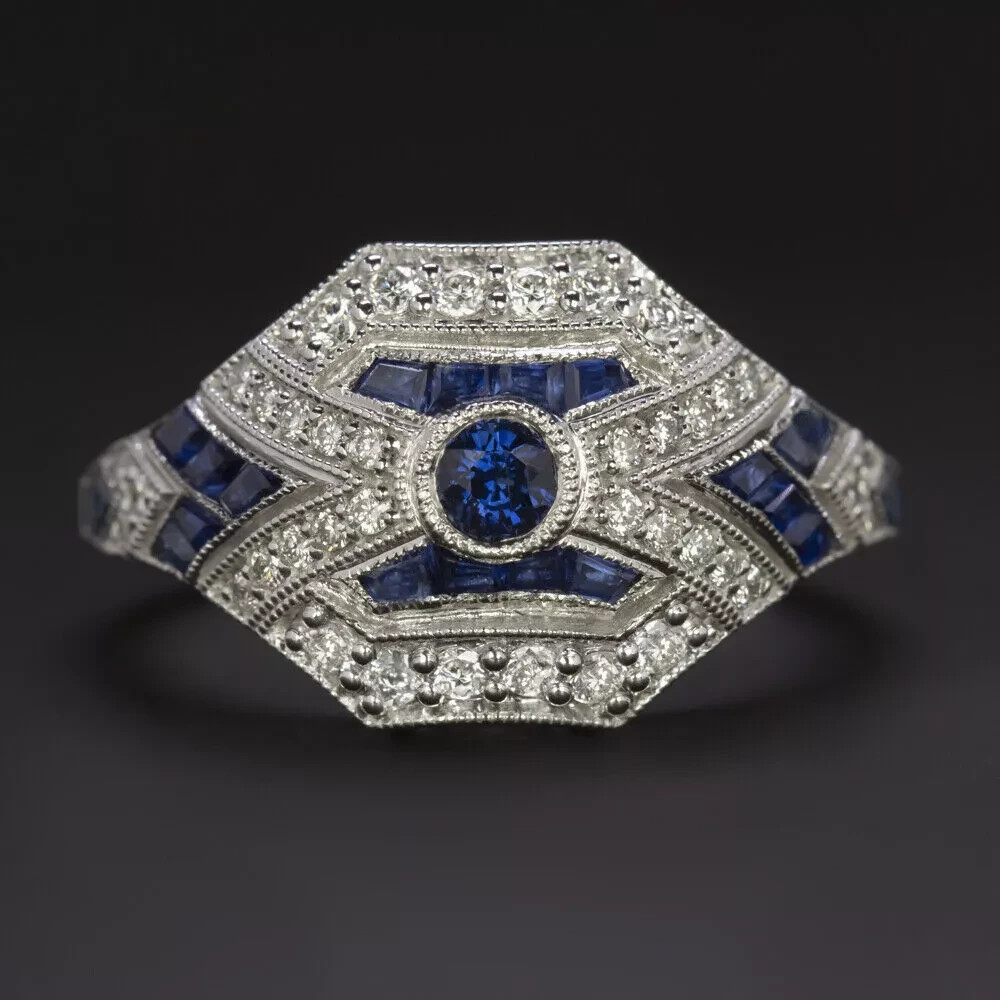 Art Deco Style Sapphire Lab Created Diamond 14K White Gold FN Anniversary Ring
