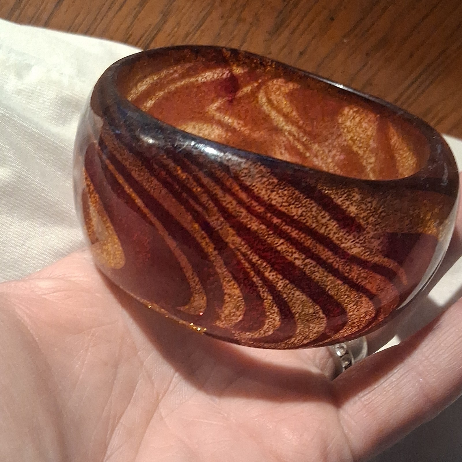 Vintage Swirl Pattern Bangle Acrylic Gold Glitter Brown Wave Chunky Statement