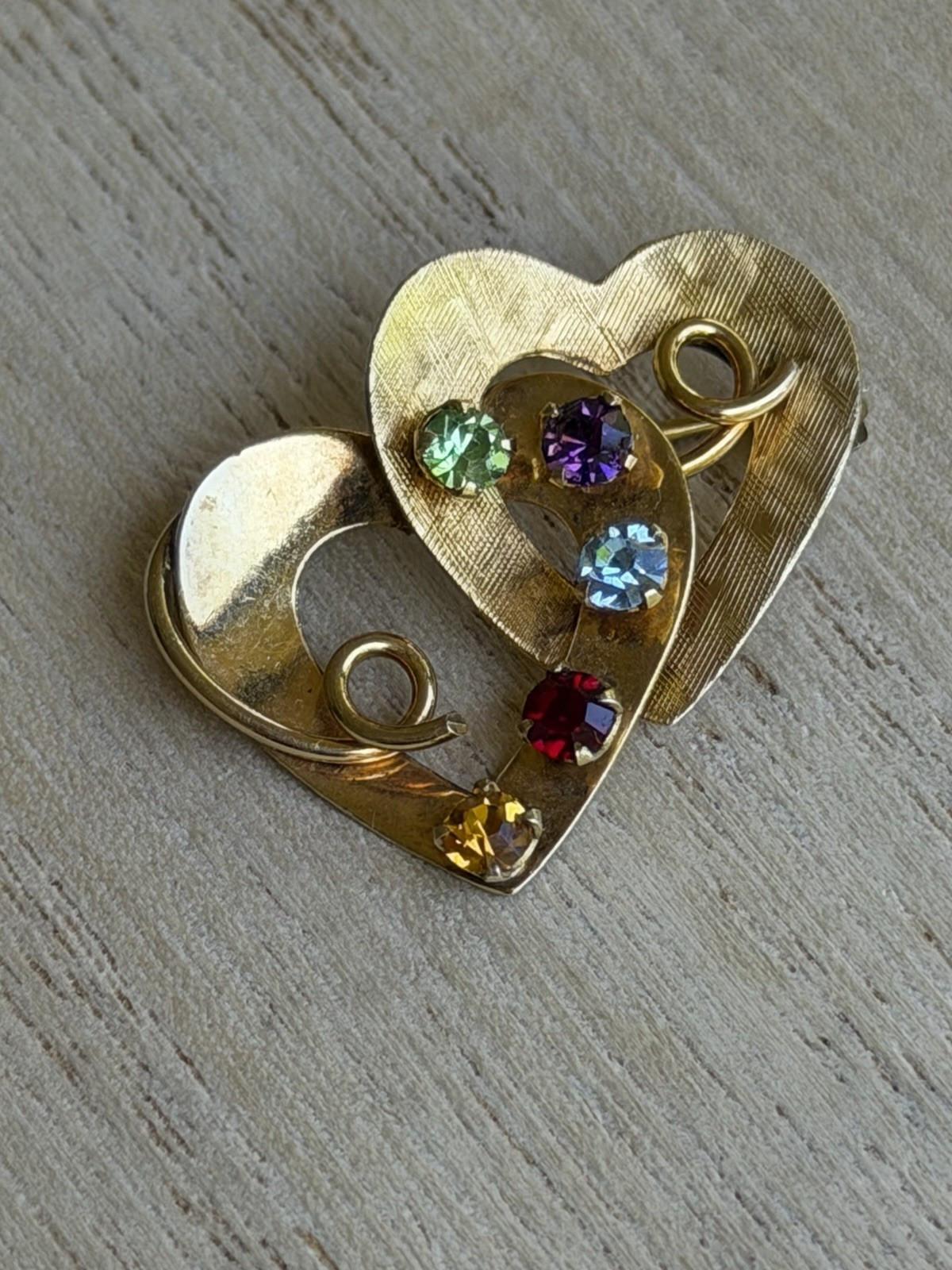 VTG“Rainbow”Gold Filled Double Heart Austrian Crystals Family or Mother’s Brooch