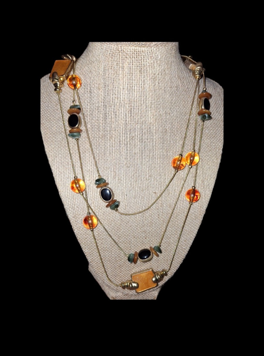 vintage korea gold plate long station necklace amber glass acrylic and enamel