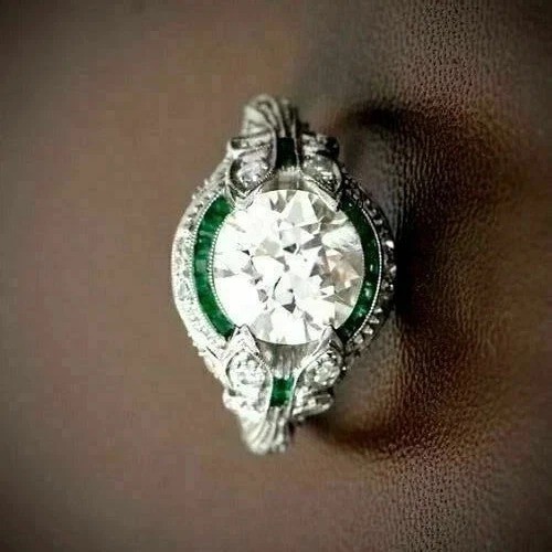 3Ct Art Deco Style Lab-Created Diamond & Emerald Wedding 14K White Gold FN Ring
