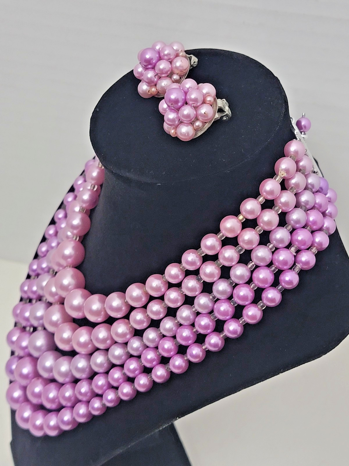 Vintage Lilac Imitation Glass Pearl Necklace & Earring set, 5 Strands