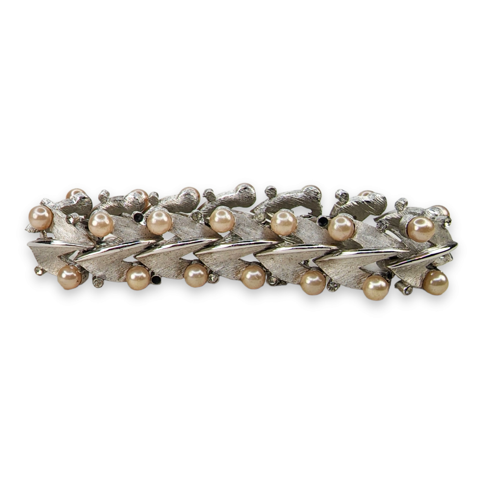 Vintage Trifari Silver Tone Clear Rhinestone Faux Pearl Links Bracelet 7.25 In