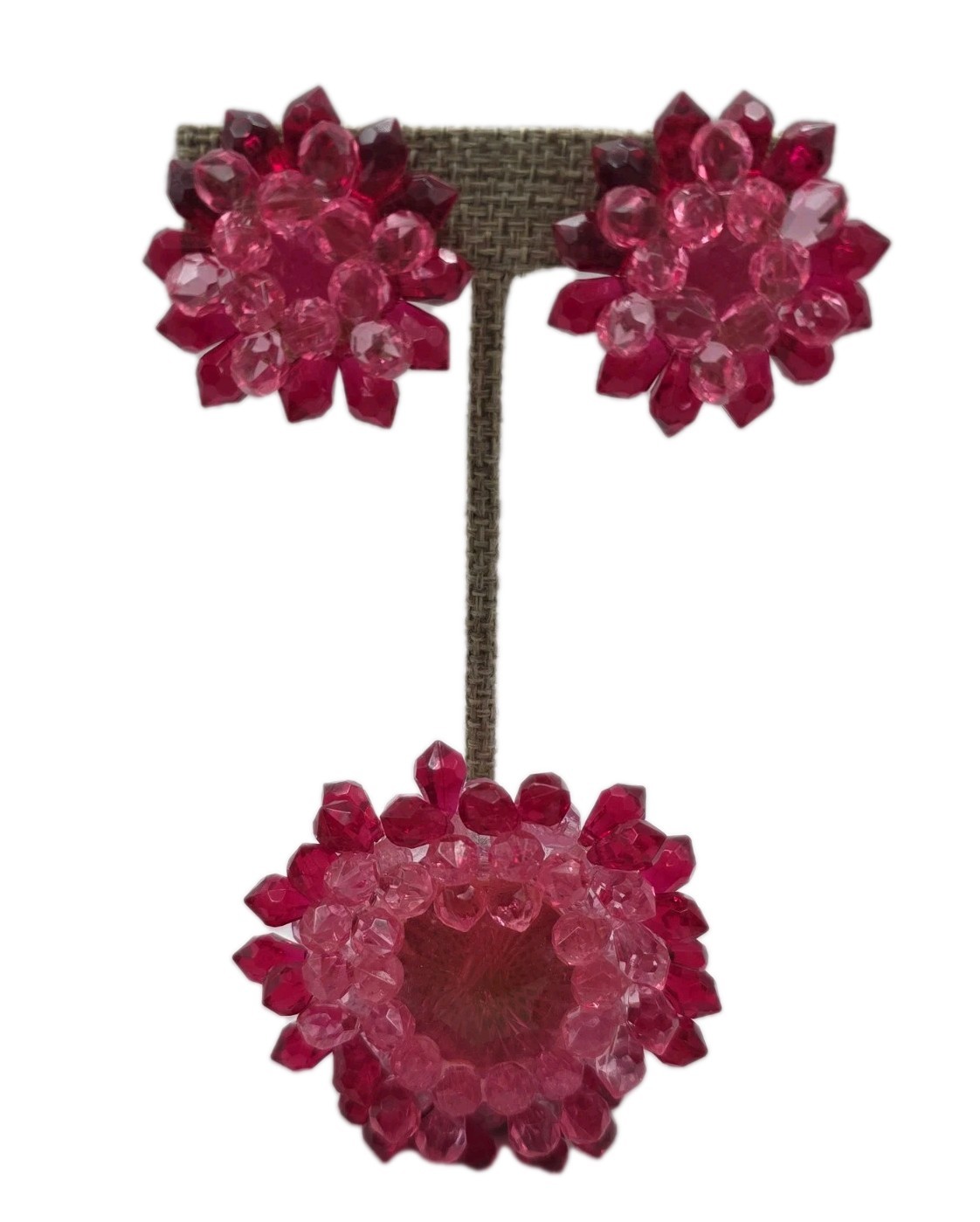 Vintage West Germany Beaded Acrylic Brooch & Earrings Pink