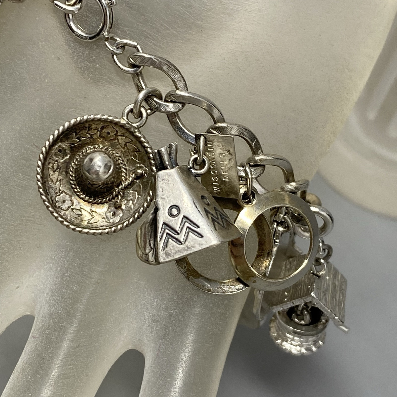 VTG 20 Charm Bracelet Sterling Silver Birthday Natie Cowbell School Hearts 6.5″