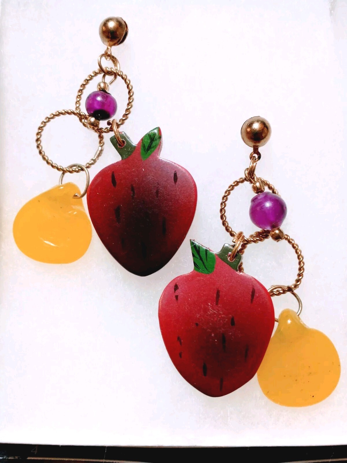 VTG EARRINGS 80’s RETRO Artisan Big HAND Painted STRAWBERRIES🍓 CHUNKY FUN RARE