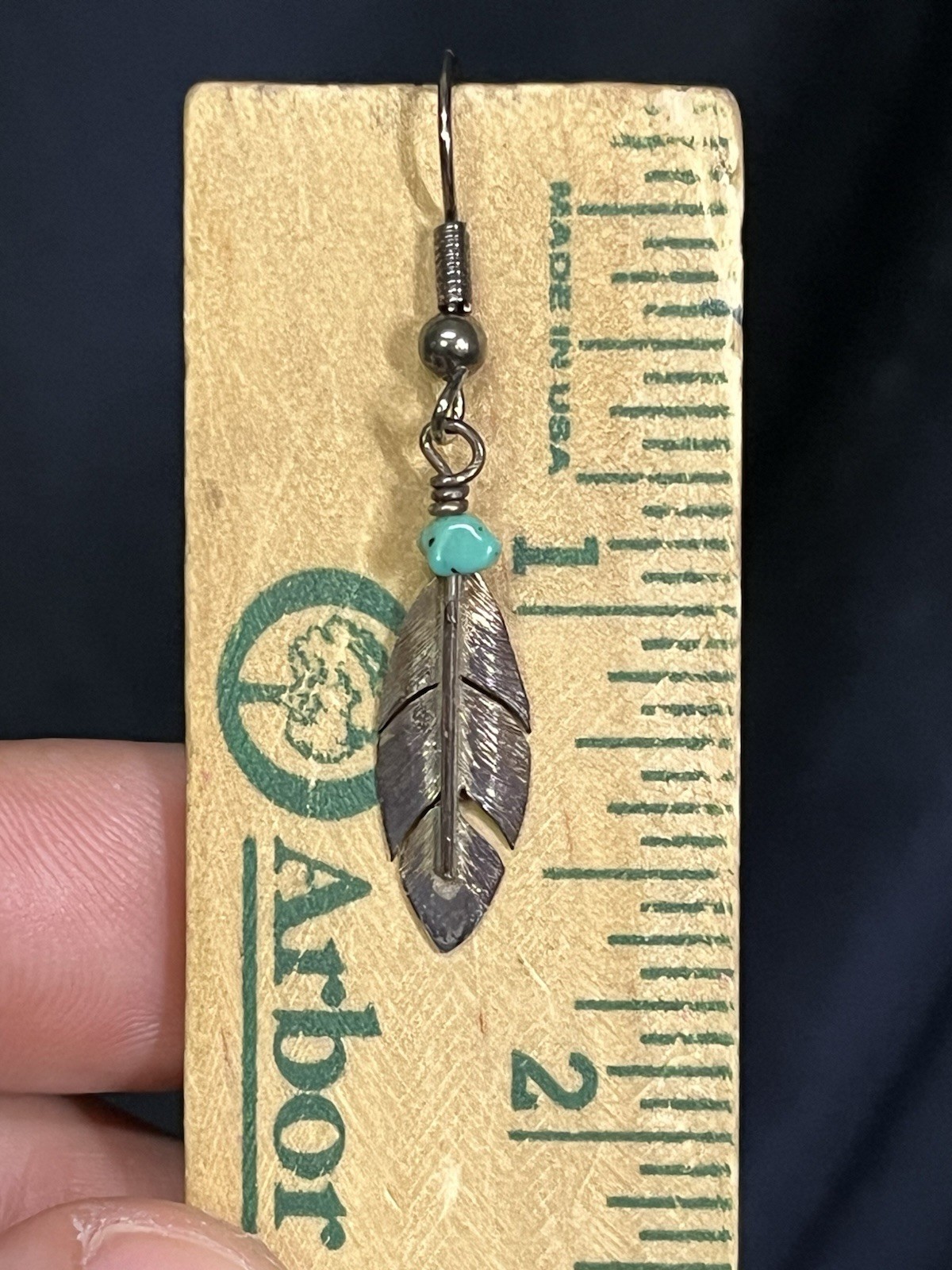 VINTAGE 925 STERLING SILVER HW TURQUOISE FEATHER DANGLE EARRINGS 1 5/8”