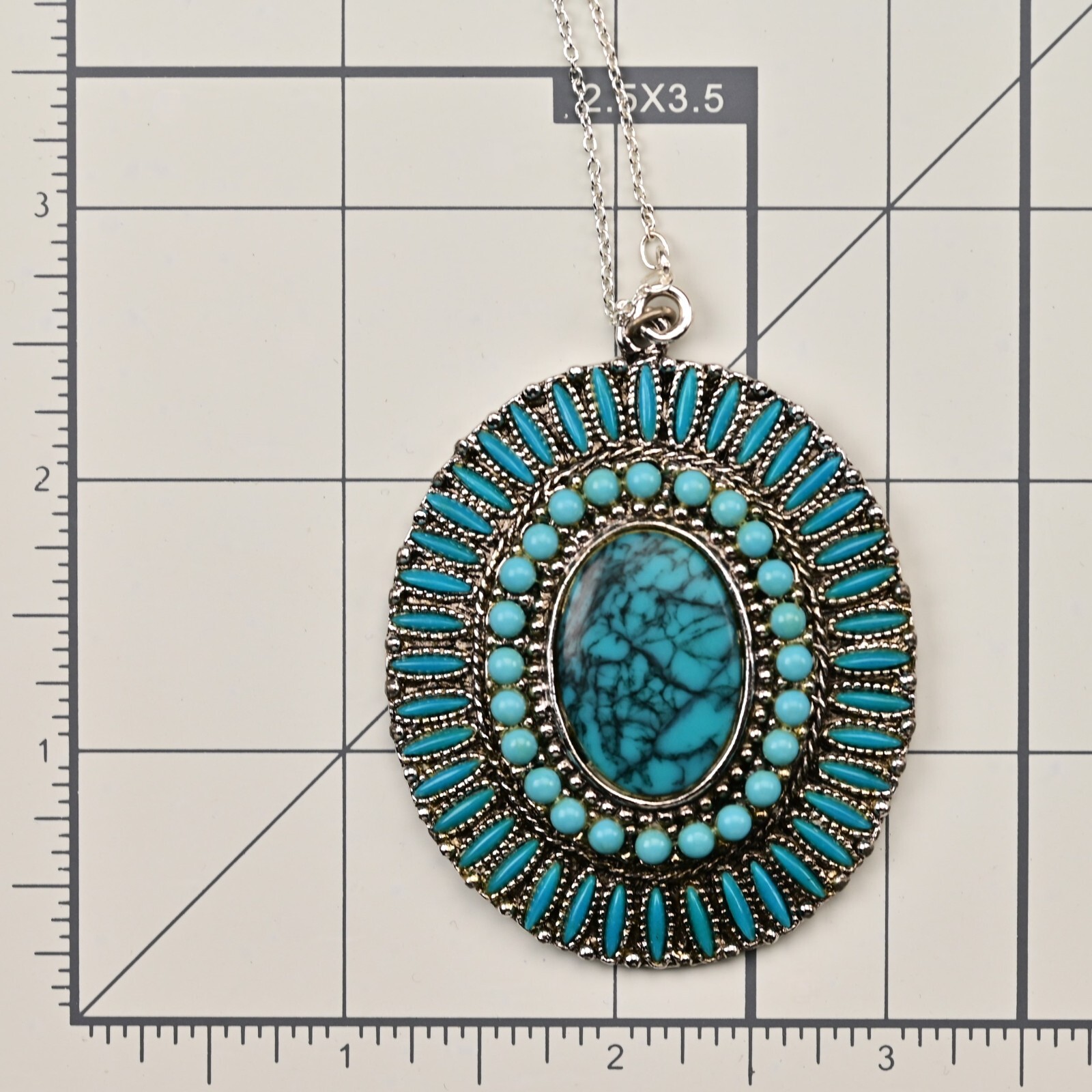 Original Vintage Native Silver Faux Turquoise Gemstone Pendant Estate Necklace