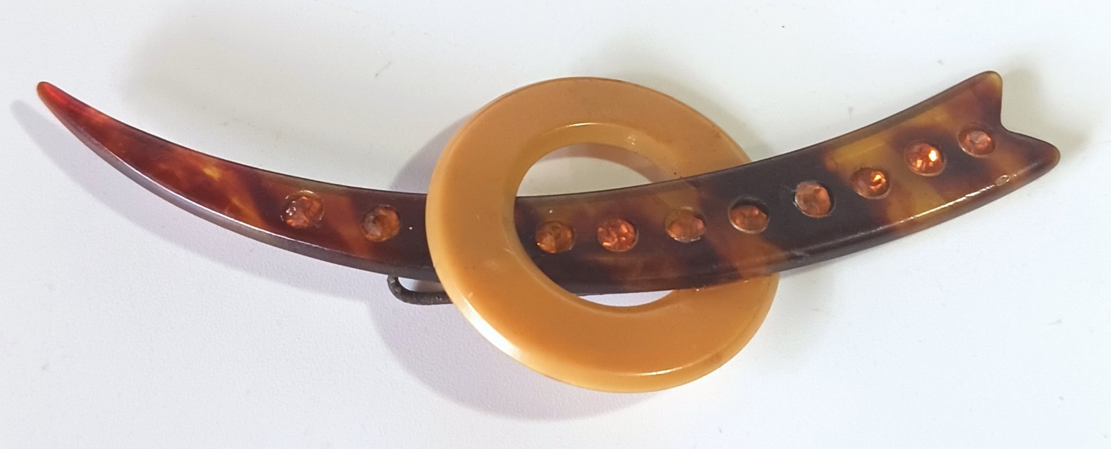 Vtg (Antique?) Art Deco Early Plastic Brooch w/ Unusual Clasp & Rhinestones