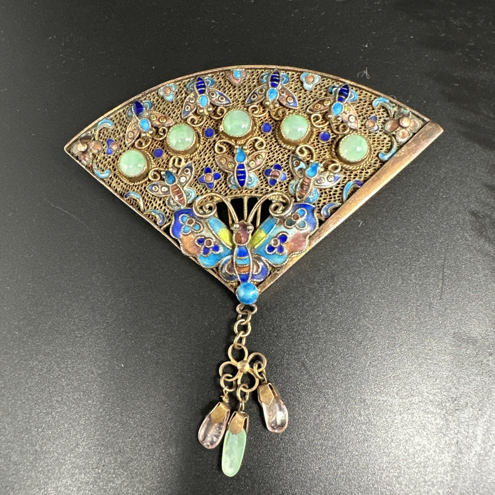 Antique 1920s Fan Brooch Pin Needle Gilt Sterling Silver 925 Enamel Turquoise
