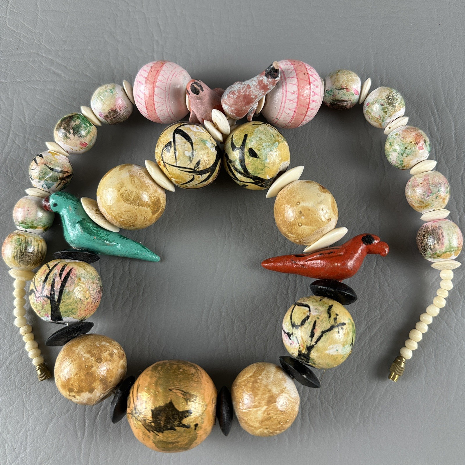 Vintage Hand Painted Necklace Bird Bead Artisan Wood 27”