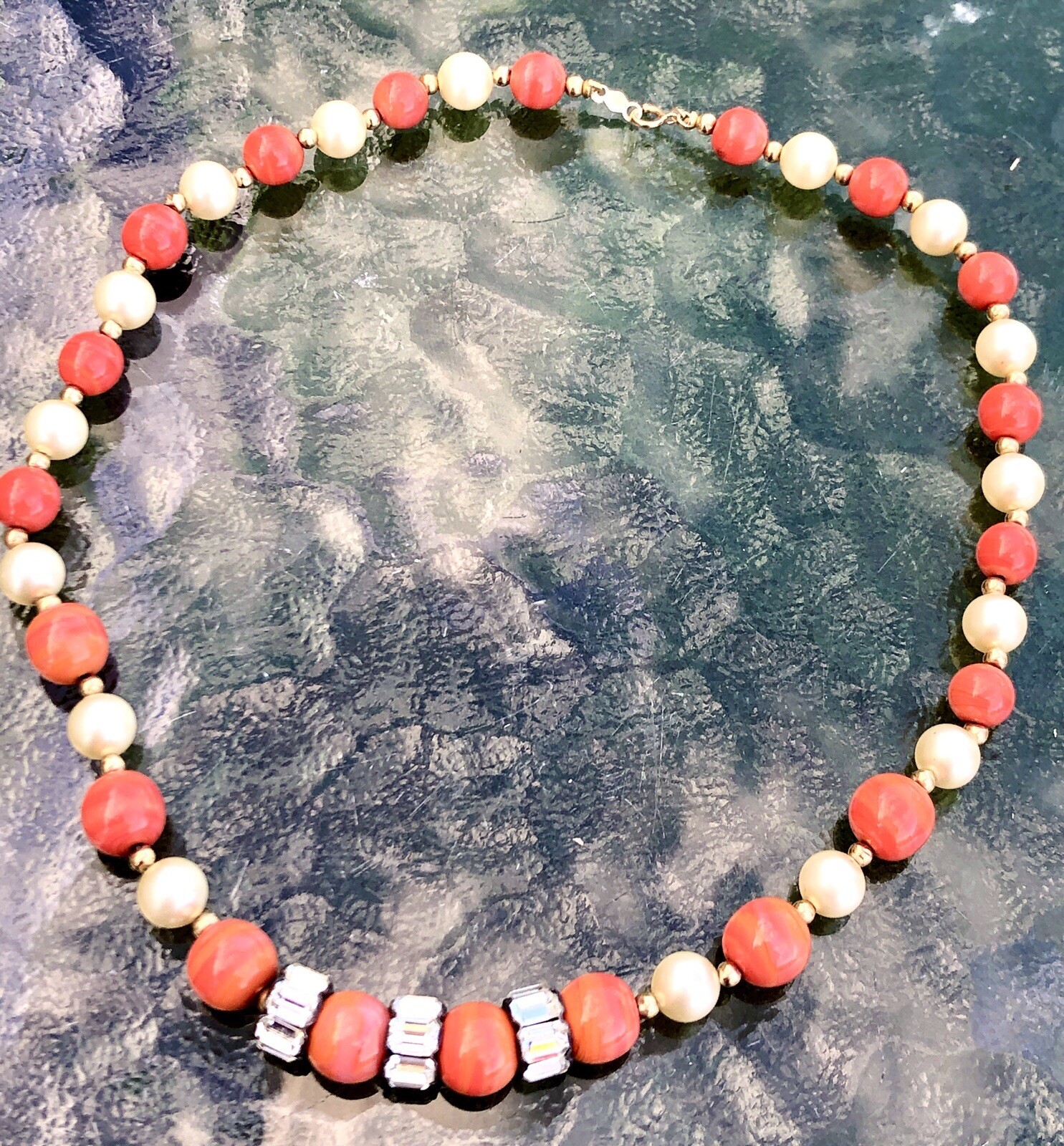 Estate 14K Gold Bead, Coral Glass, And Glass Pearl Beaded Necklace