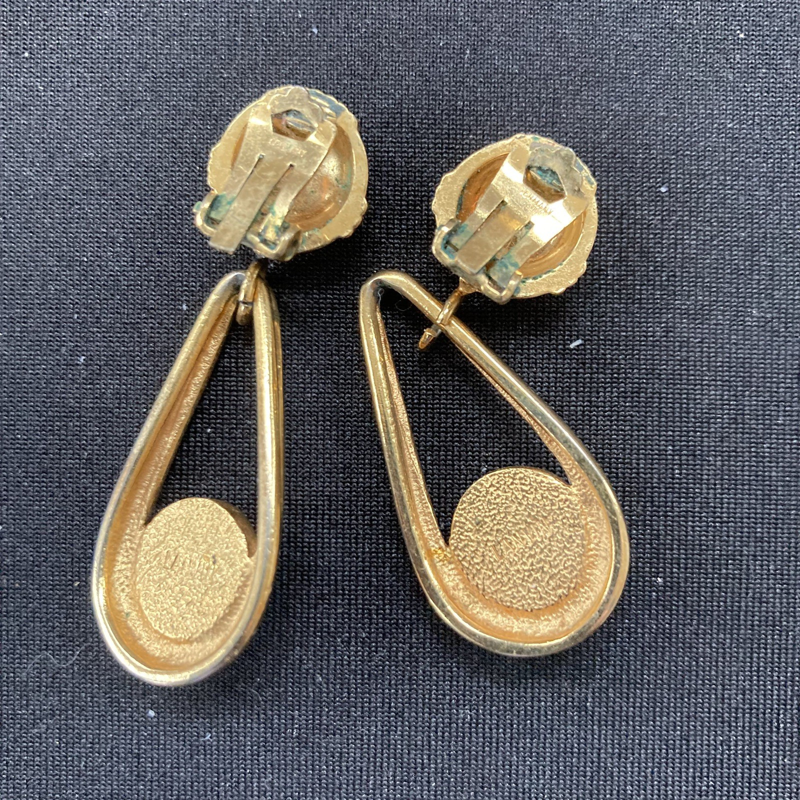 Vintage MCM Lanvin Gold Tone and hematite Dangle Clip On Earrings 1 3/4″