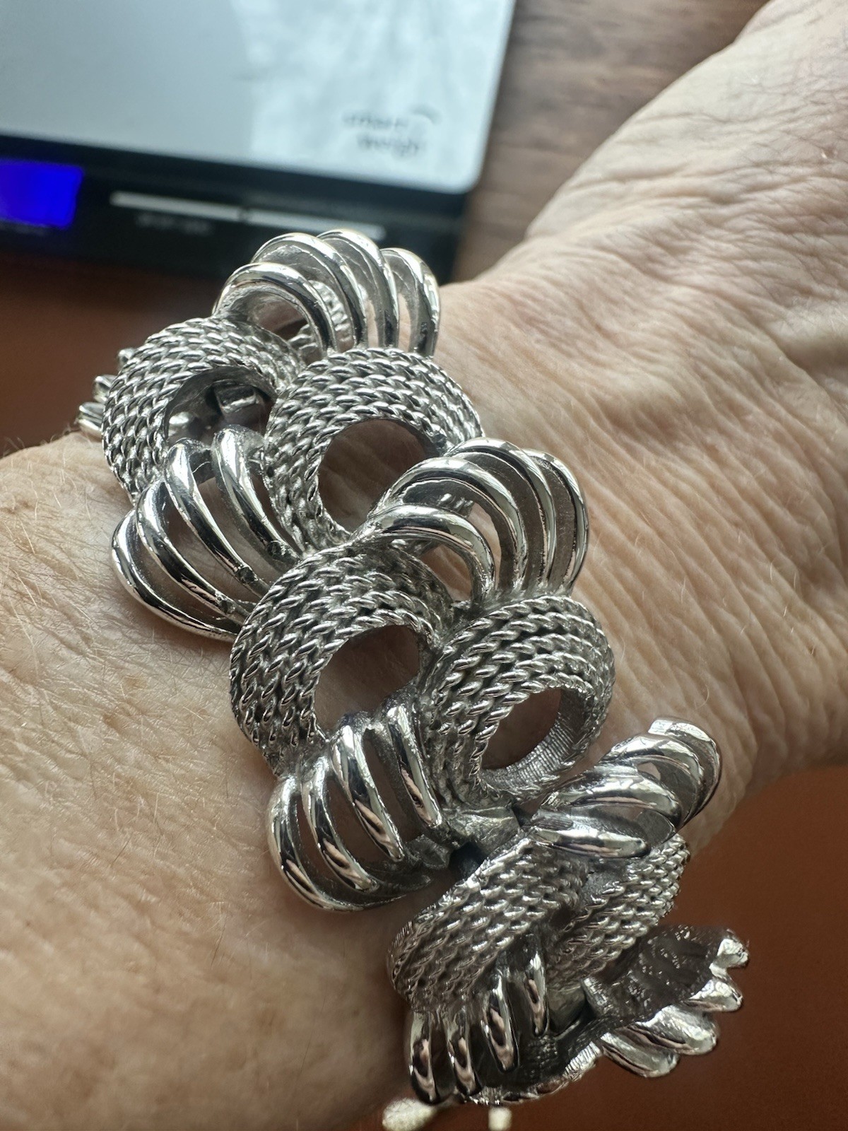 Vintage 60s Panel Link Bracelet Silver Tone Textured Rope Look 7”