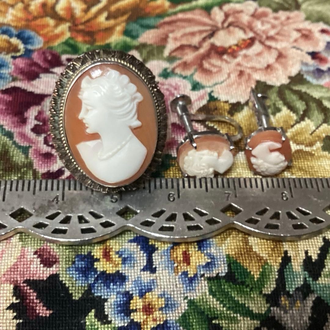 Semi Antique Shell Cameo Silver Ring & Earring