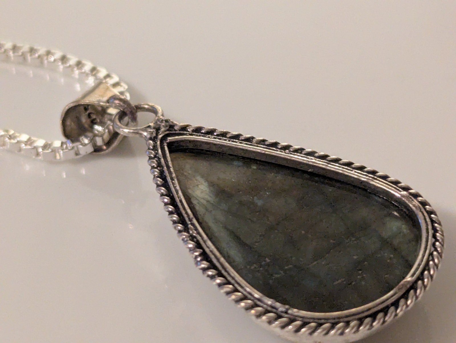 Vintage Sterling Silver Labradorite Oval Pendant on New 925 Box Chain Gift Ready