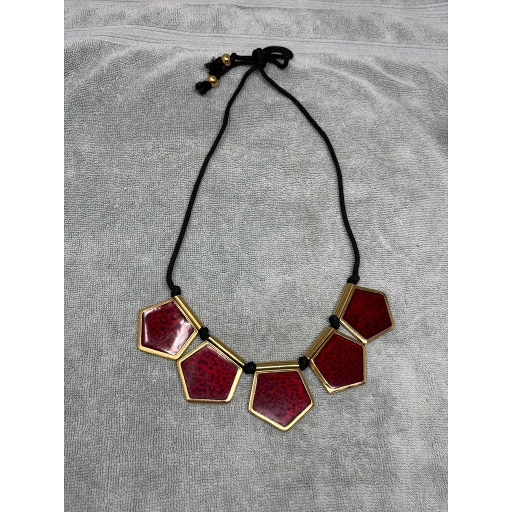 Vintage Yves Saint Laurent YSL Red Gold Pentagonal Statement Cord Necklace