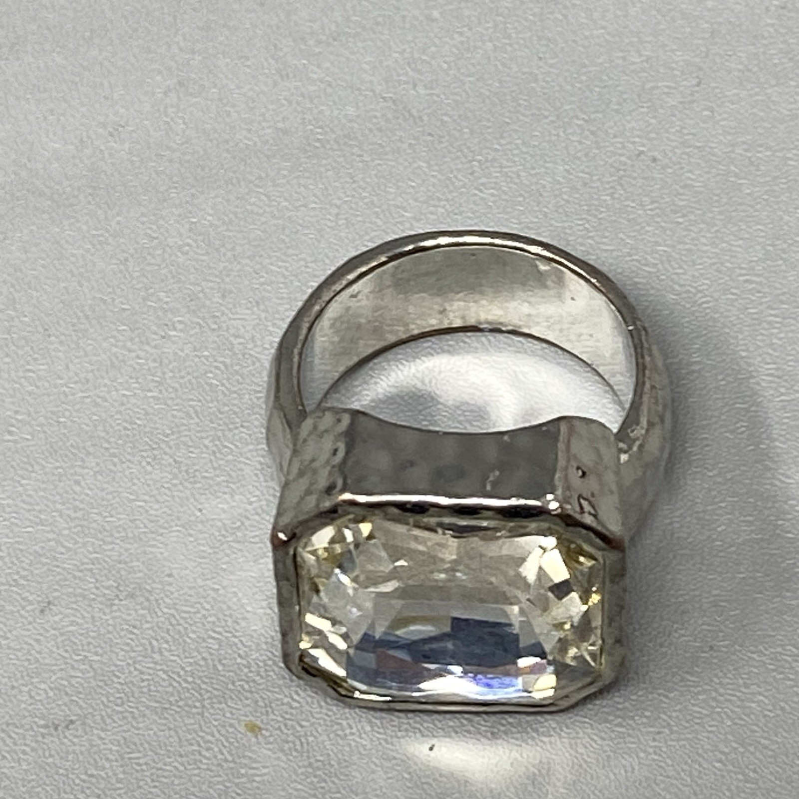Large Rhinestone Ring Clear Glass Silver Tone Band Bezel Set Wide Band Sz 7.75