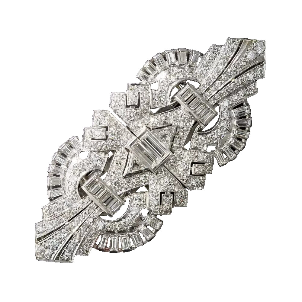 Art deco Geometric design Brilliant cut diamond Brooch pin in 925 Silver