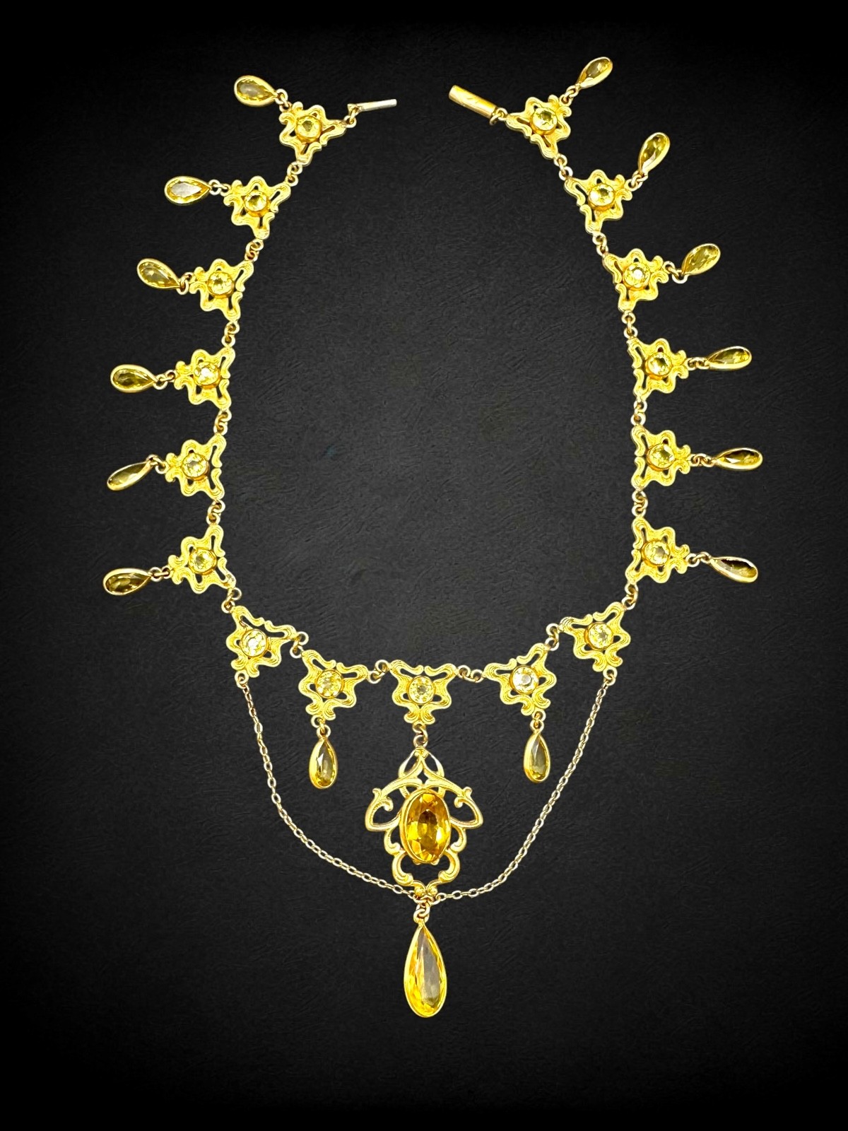 Antique Art Nouveau Goldtone Citrine Glass Festoon Choker Pendant Necklace