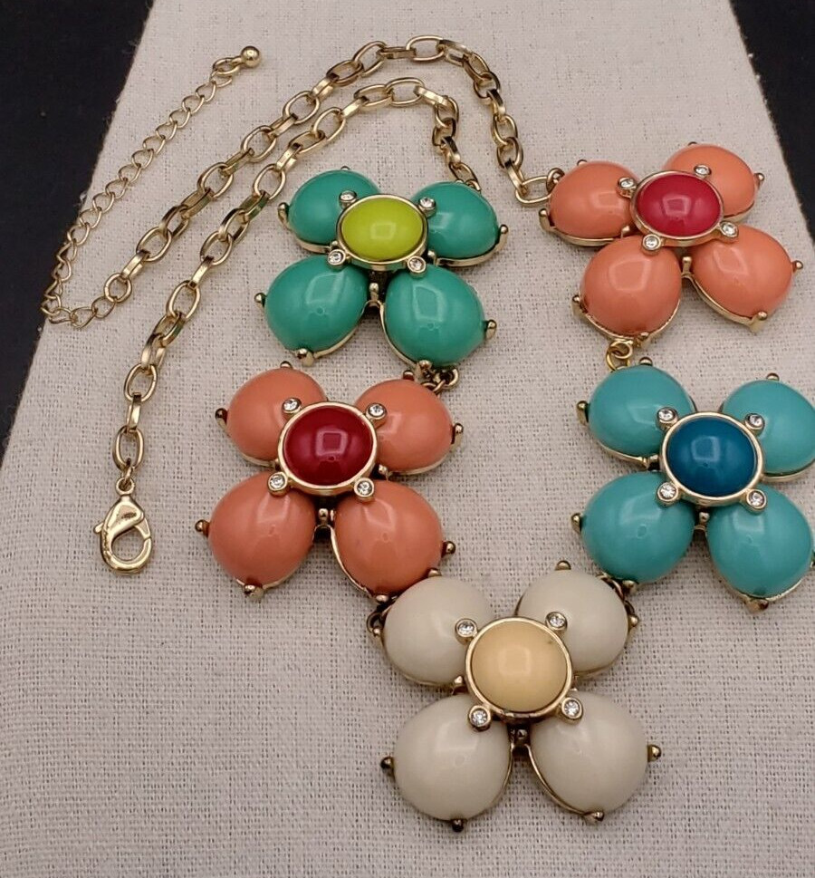 Vintage Set Flower Multicolor Gold Tone Necklace 19 + 3 in & Bracelet 7.5 in