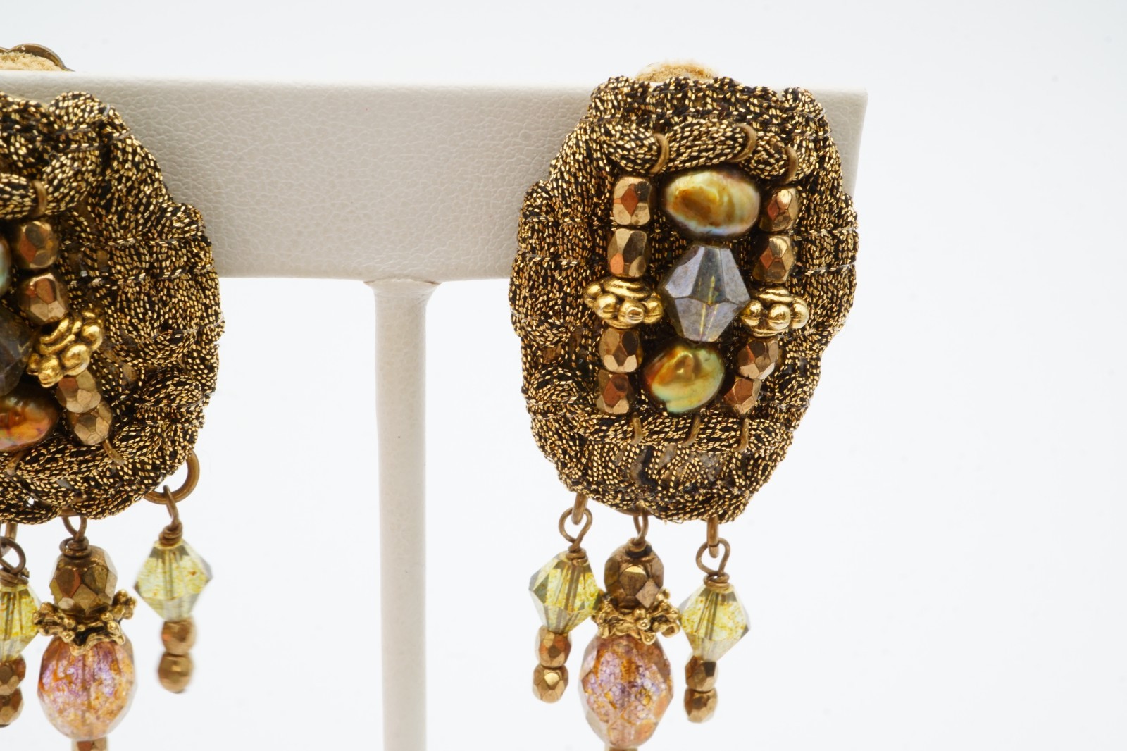 Vintage Clip On Earrings Gold Tone Glass Bead Mesh