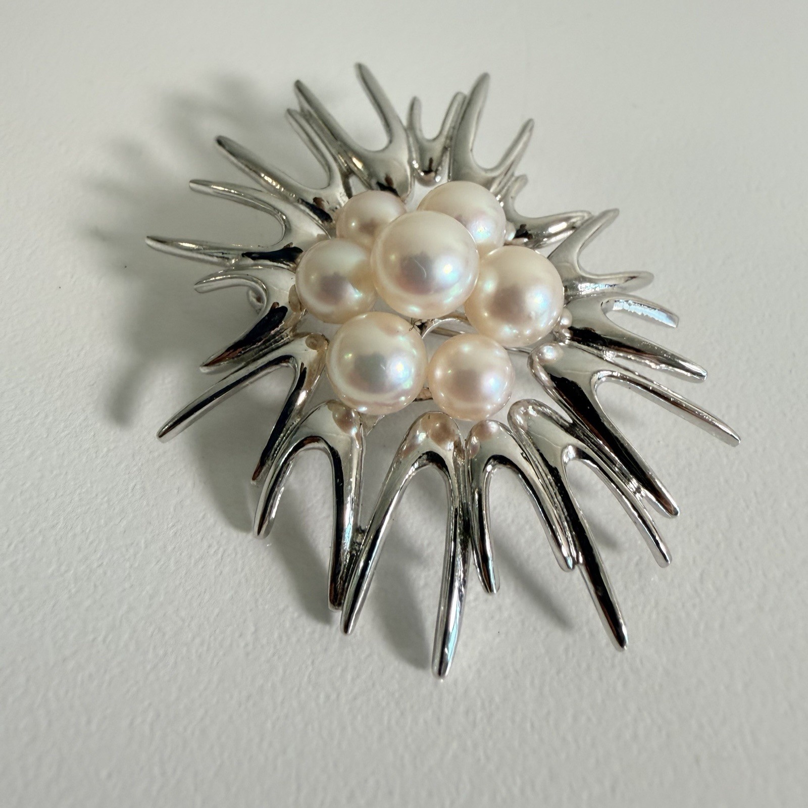 Mikimoto Akoya Starburst / Sea Urchin Pearl & Sterling Silver Vintage Brooch MCM