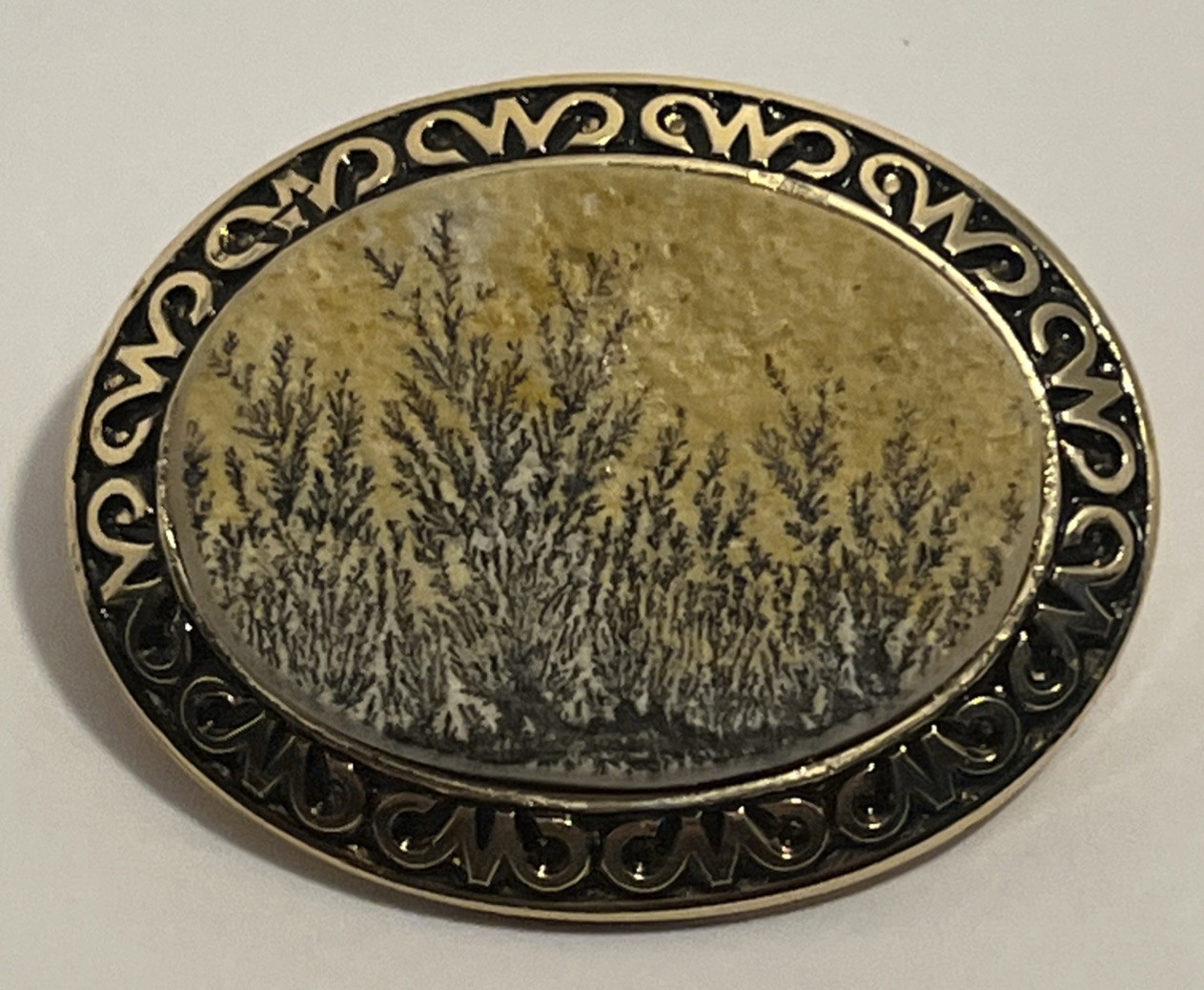 Antique Dendritic Agate Oval Brooch Blue Enamel Scrollwork Frame Very Good