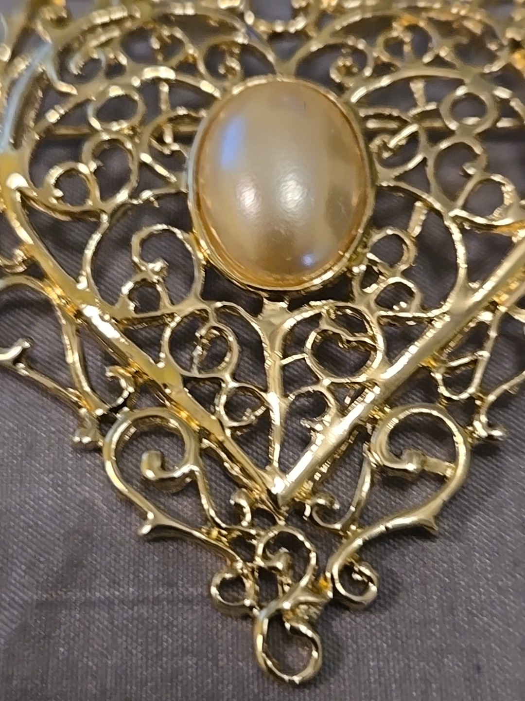 Vintage Faux Pearl Bead, Silvertone & Goldtone Latticework Heart Brooch Pin
