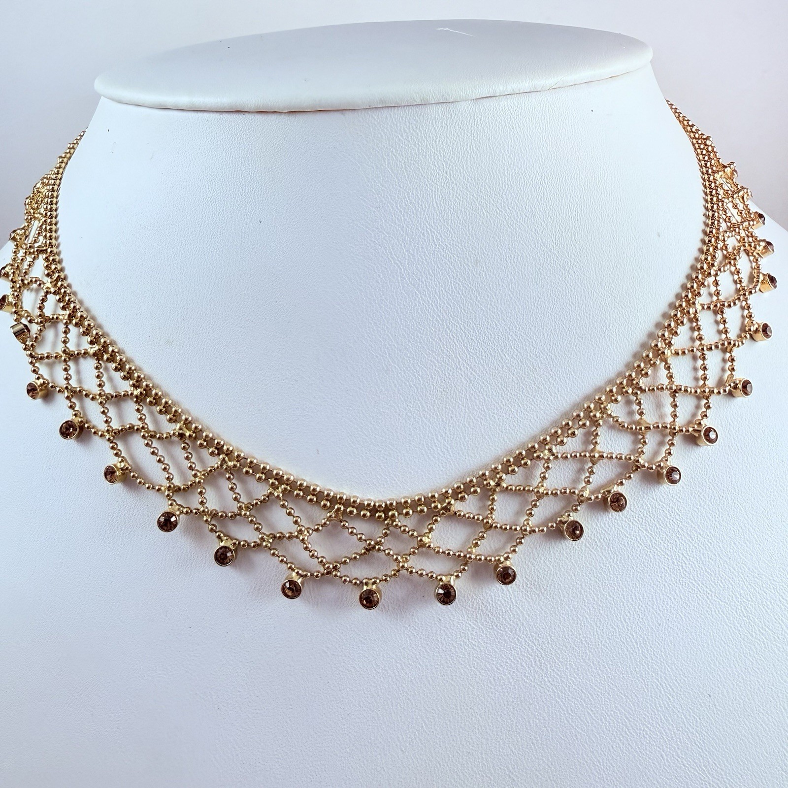 GIVENCHY Signed Gold Tone Lace Crystal Necklace Logo Clasp 16.5″