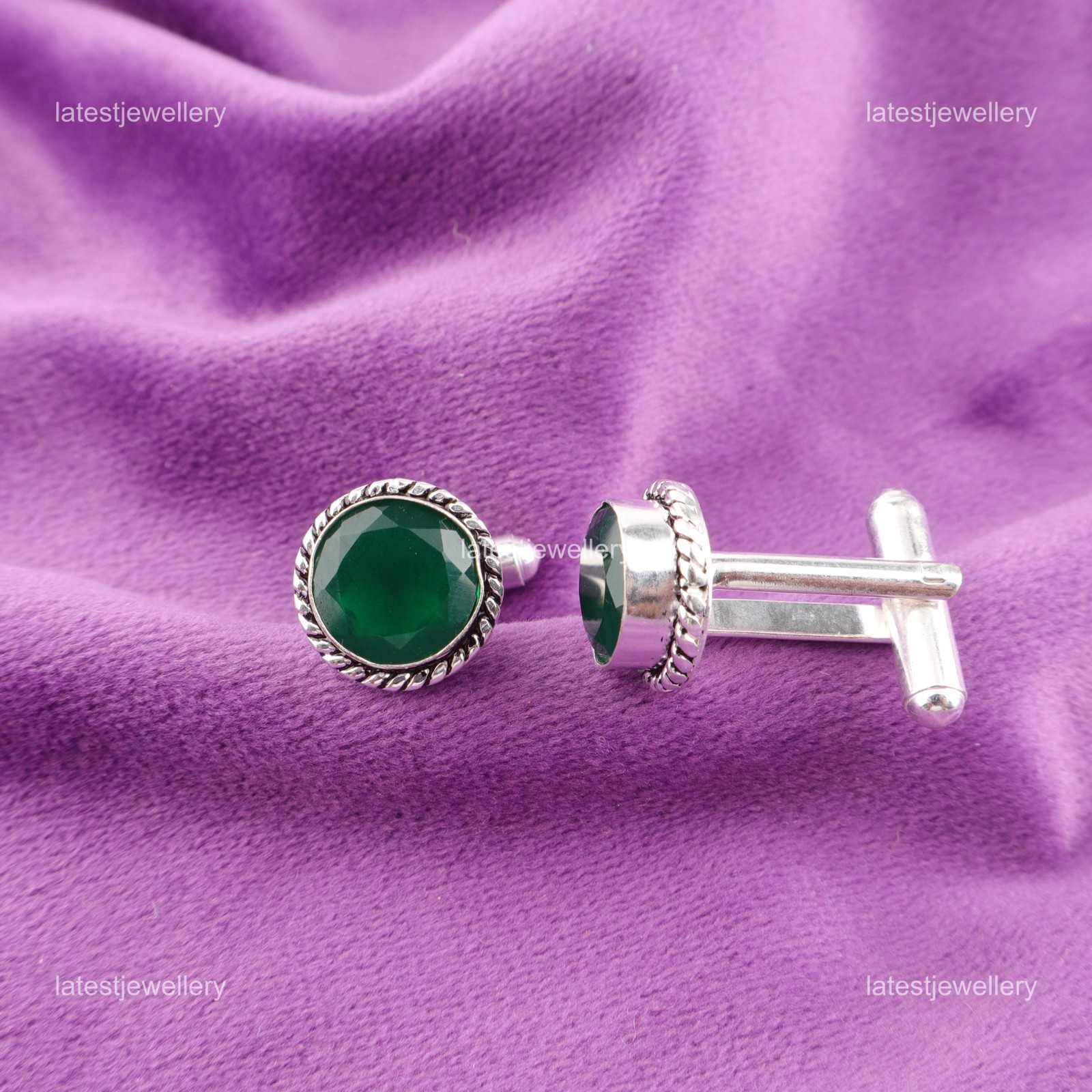925 Sterling Silver Green Onyx Stone Mens Classic Anniversary Birthday Cufflinks