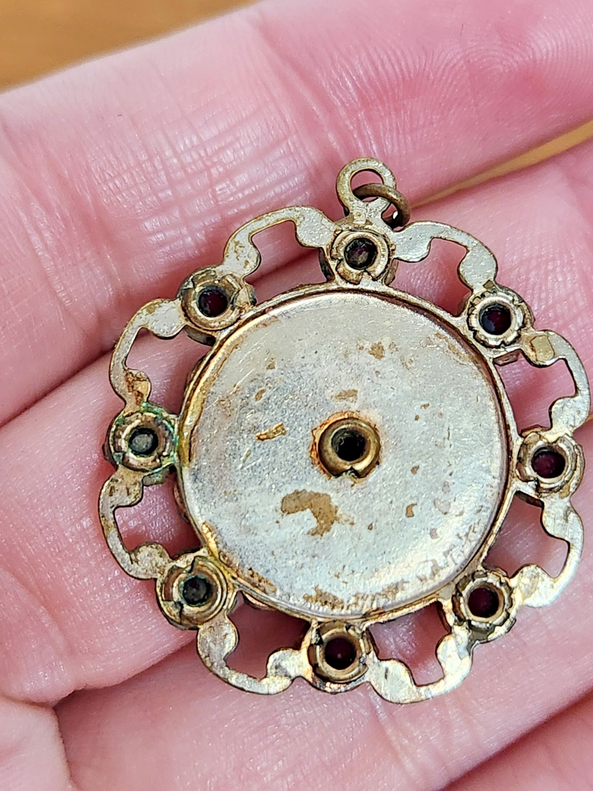 Goldtone w/Red & Clear Rhinestone Vintage Flower Pendant