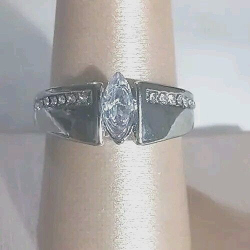Solitaire Ring Pave Cubic Zirconium Silver Tone Size 8.75 New Formal Elegant