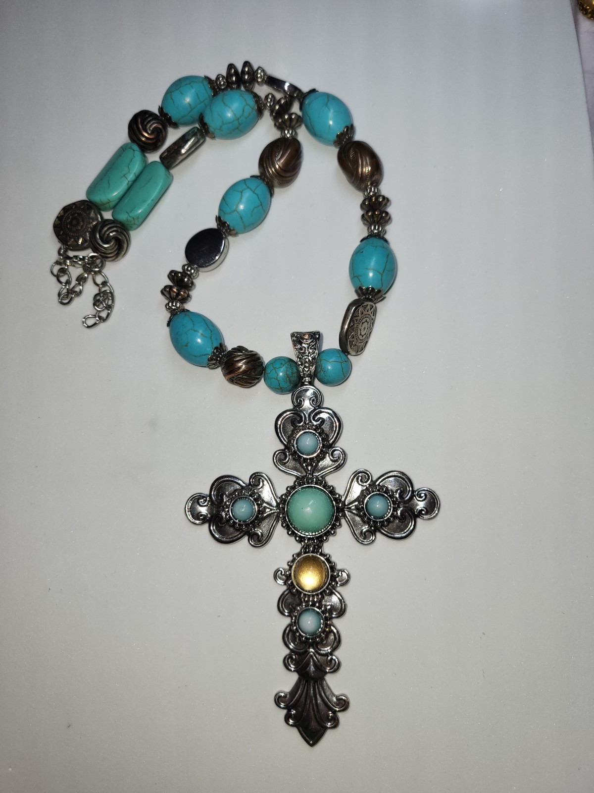 Faux Turquoise Cross Statement Necklace 17″ + Extender Very Good Condition