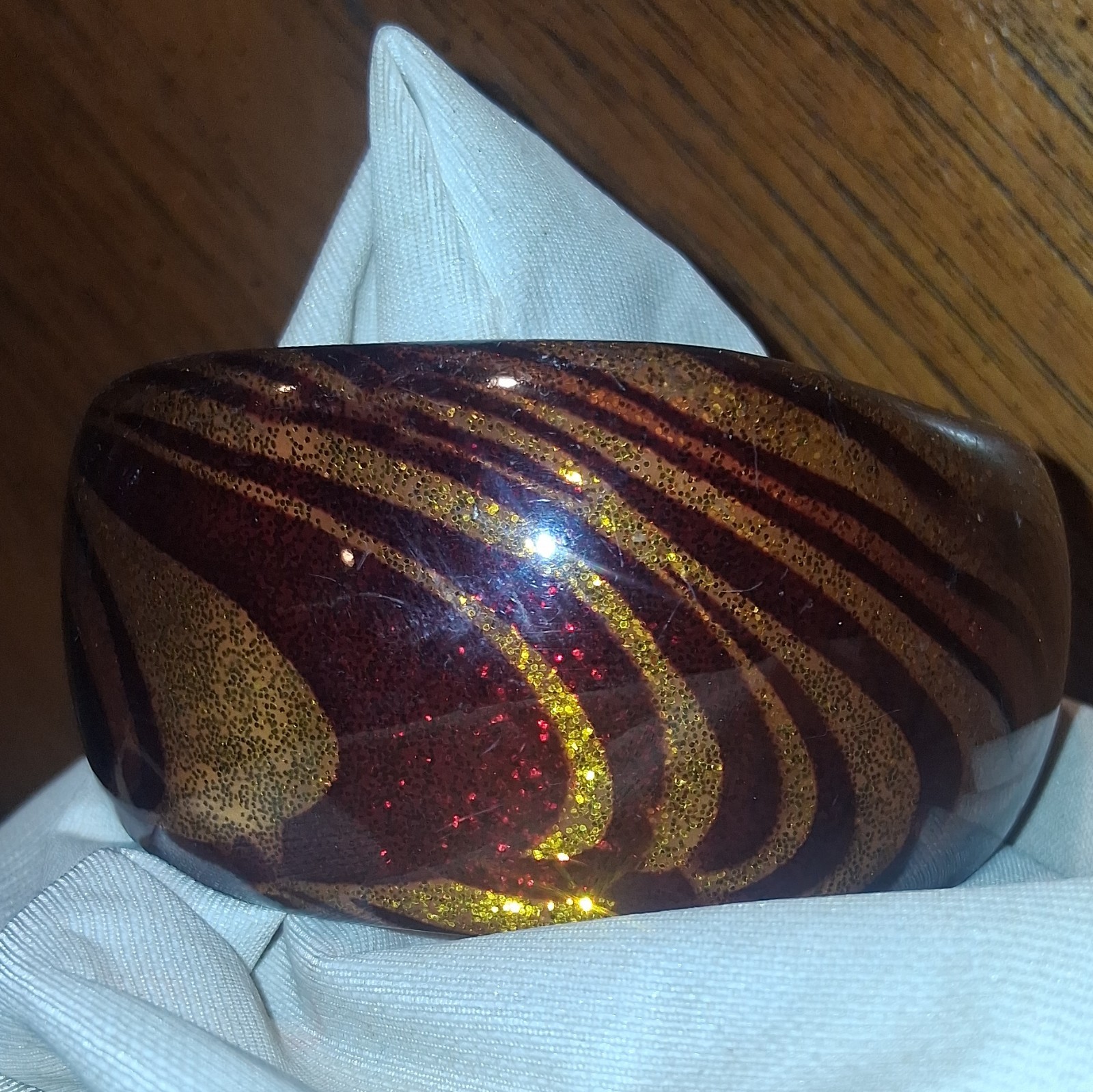 Vintage Swirl Pattern Bangle Acrylic Gold Glitter Brown Wave Chunky Statement