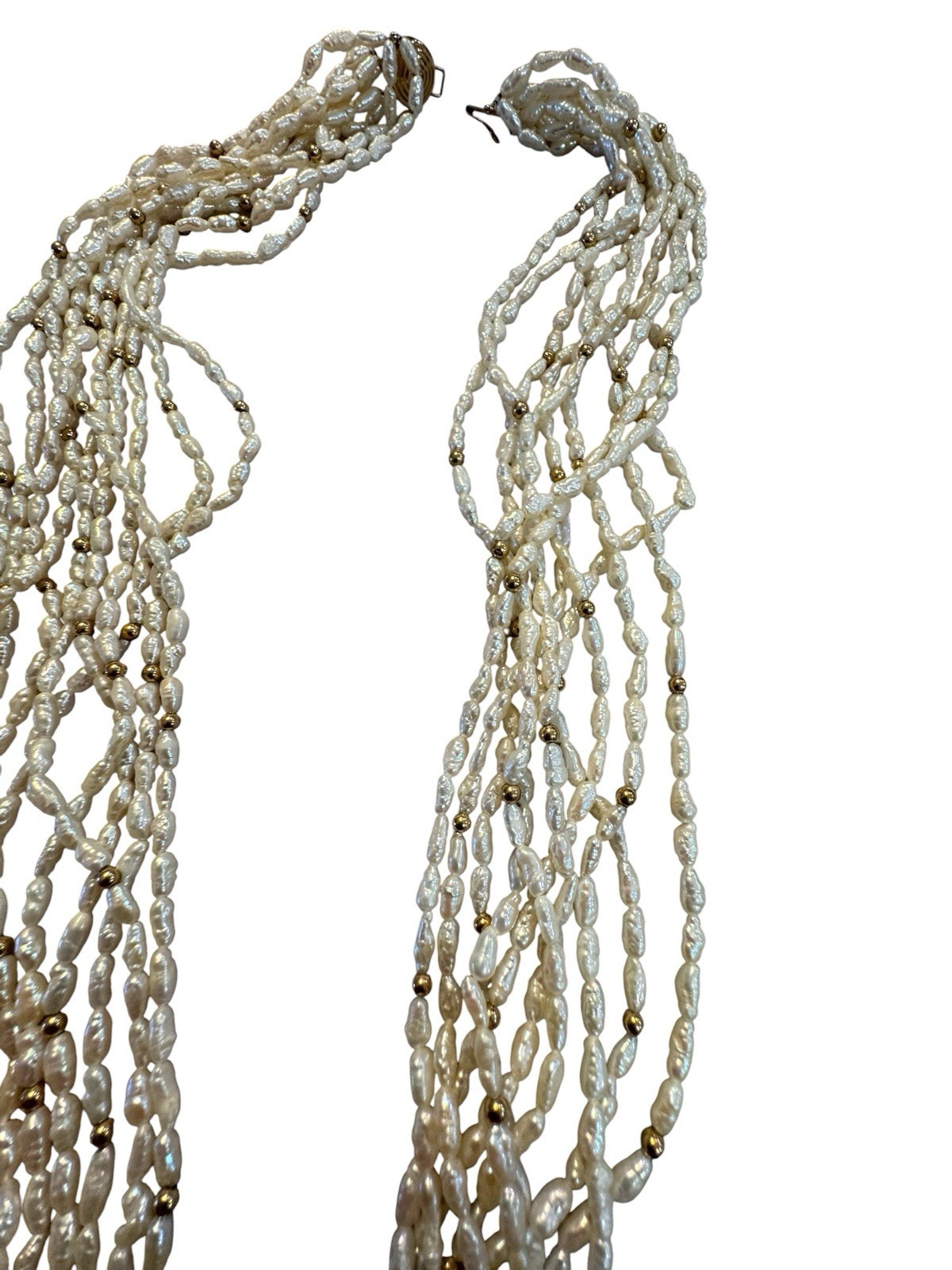 24” Multi-strand Freshwater Pearl 14k Gold Clasp Necklace Gold Beads 10 Strands
