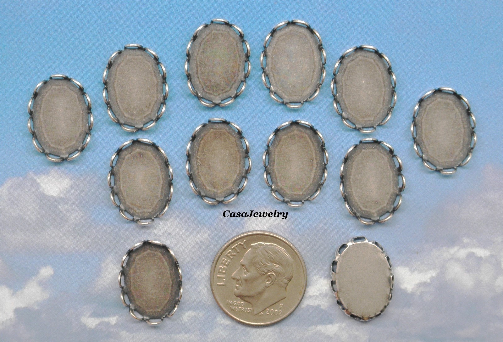 #1156 ANTIQUED .925 STERLING SILVER PLATED LACE BORDER 14x10mm BEZEL – 12 pcs