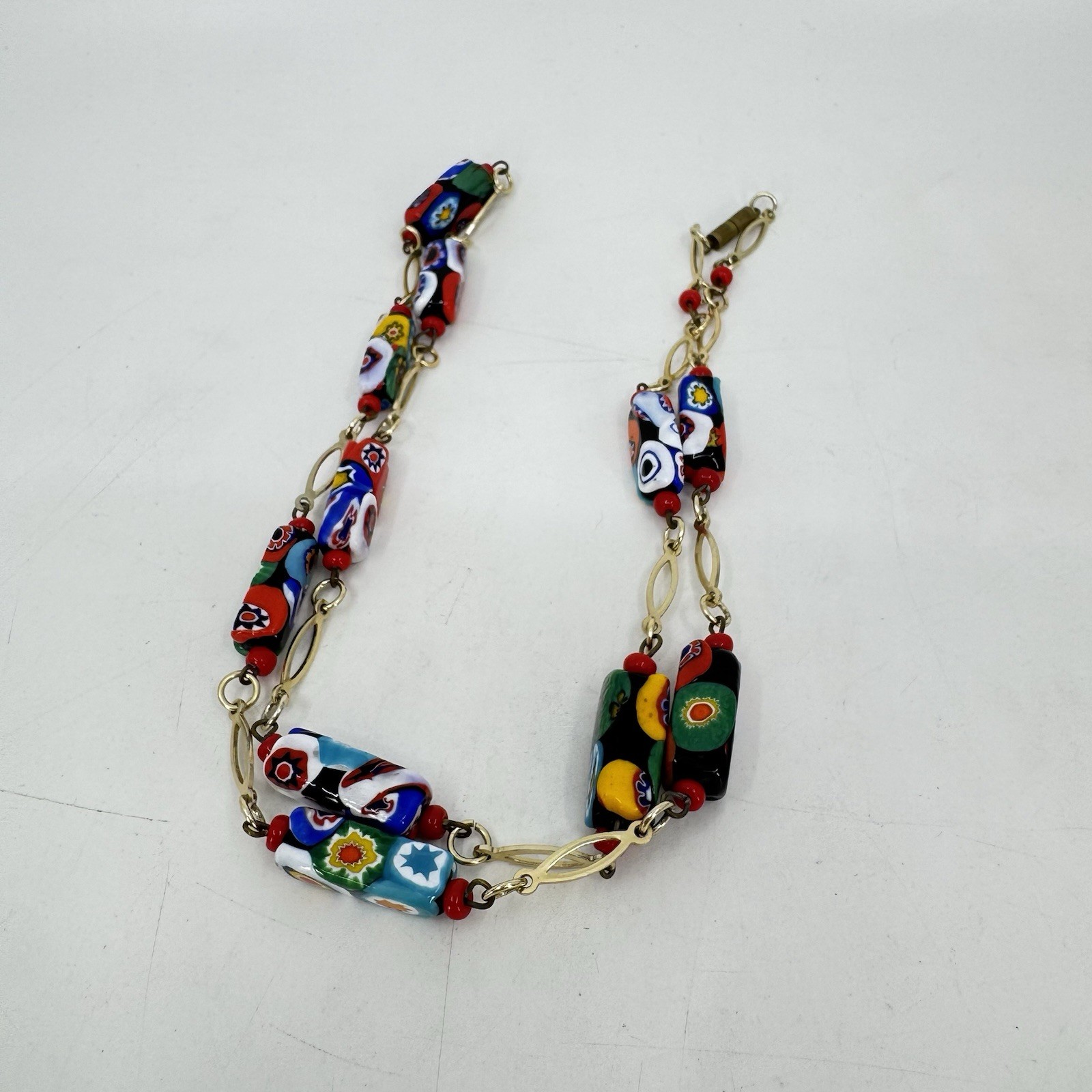Vintage Millefiori Rectangle Glass Bead Necklace Gold Tone 29”