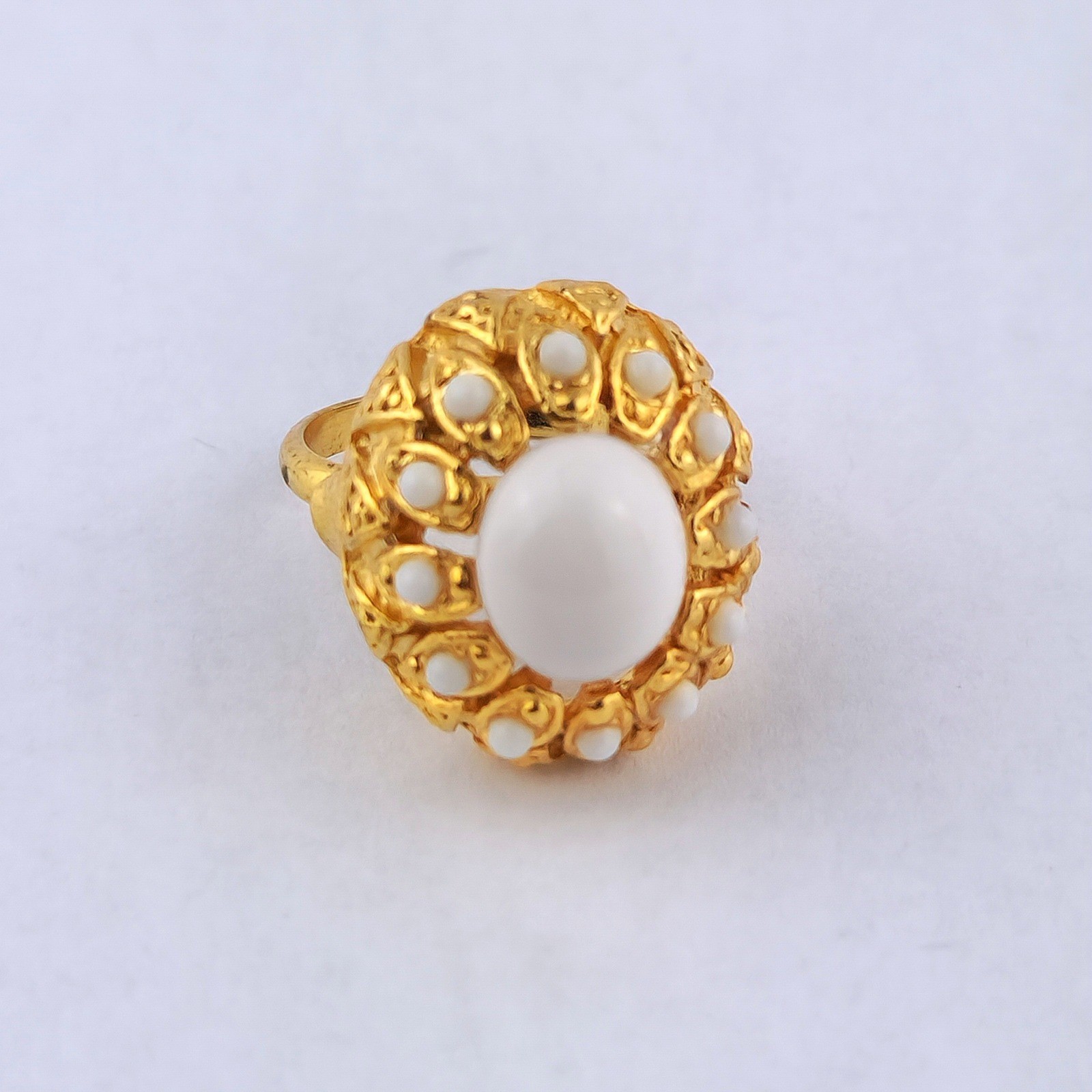 Vintage Gold Tone White Cabochon Adjustable Statement Cocktail Ring