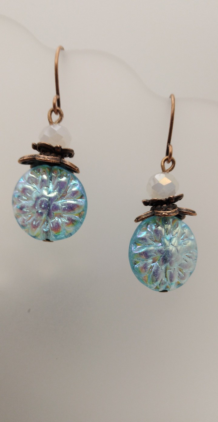Aqua Dangle earrings Antique Copper Crystal NF Birthday Handmade Mothers Day