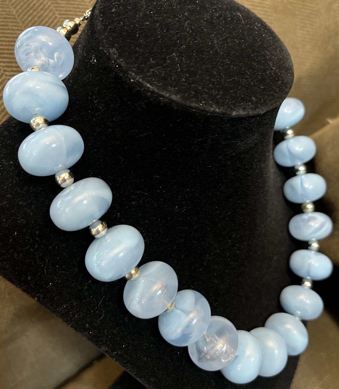 Geniune Lucite Necklace Chunky Collar Pale Blue Silver Tone Made In Hong Kong